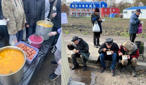 В Курске волонтёры накормили бездомных горячим обедом у вокзала