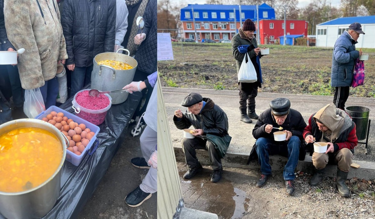 В Курске волонтёры накормили бездомных горячим обедом у вокзала
