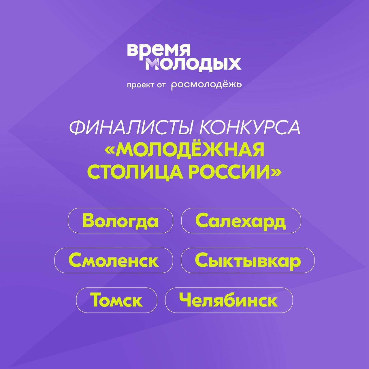 По итогам экспертной оценки номинантами на звание «Молодёжной столицы России 2026» стали 6 городов — Вологда, Салехард, Смоленск, Сыктывкар, Томск и Челябинск!