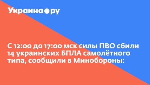 С 12:00 до 17:00 мск силы ПВО сбили 14 украинских БПЛА самолётного типа, сообщили в Минобороны: