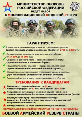 Министерство обороны РФ ведет набор в мобилизационный людской резерв