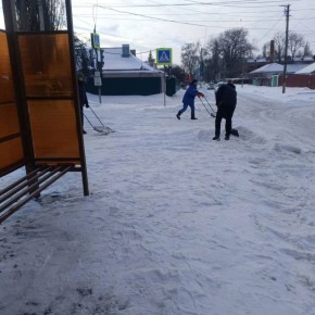 В Курске с самого утра коллектив школы бокса приступил к уборке снега.