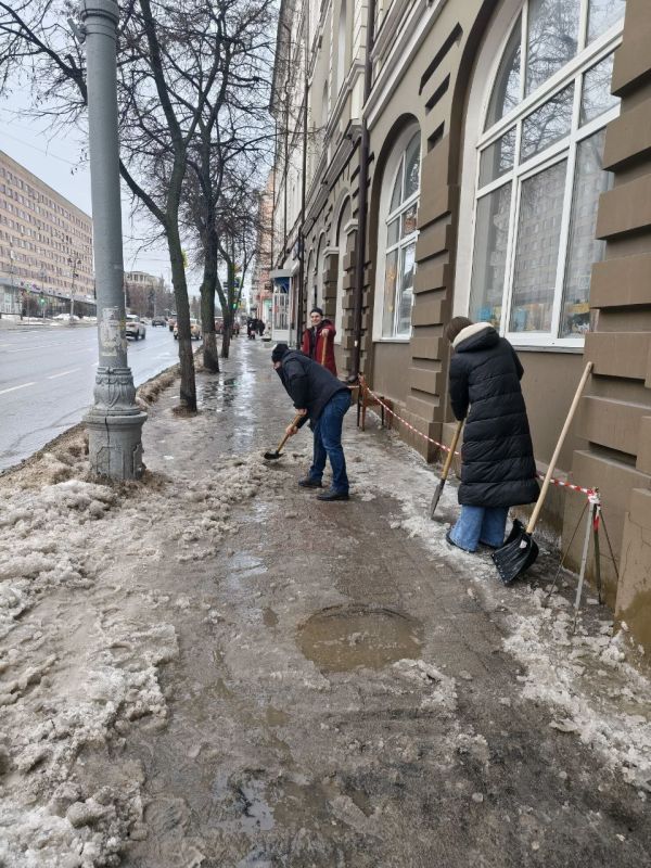 Сотрудники Центра поддержки молодежных инициатив Курска и «ДоброЦентр Курска» очистили тротуар по Ленина,15