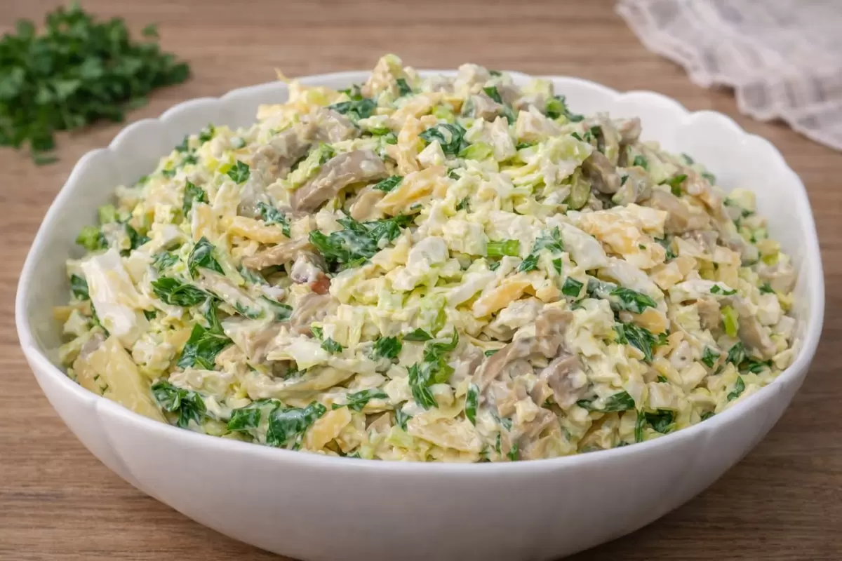 Салат с грибами, сыром и пекинской капустой — идеальный вариант для легкого ужина