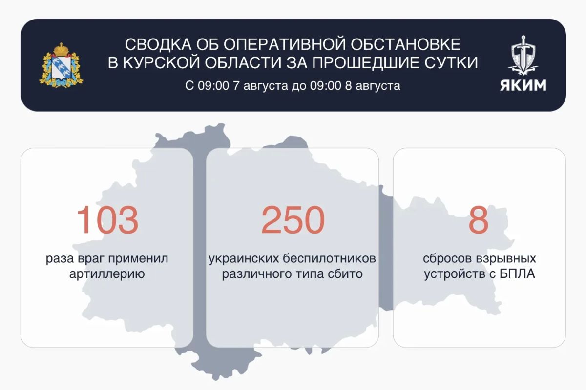 За прошедшие сутки над Курской областью сбито 250 вражеских БПЛА