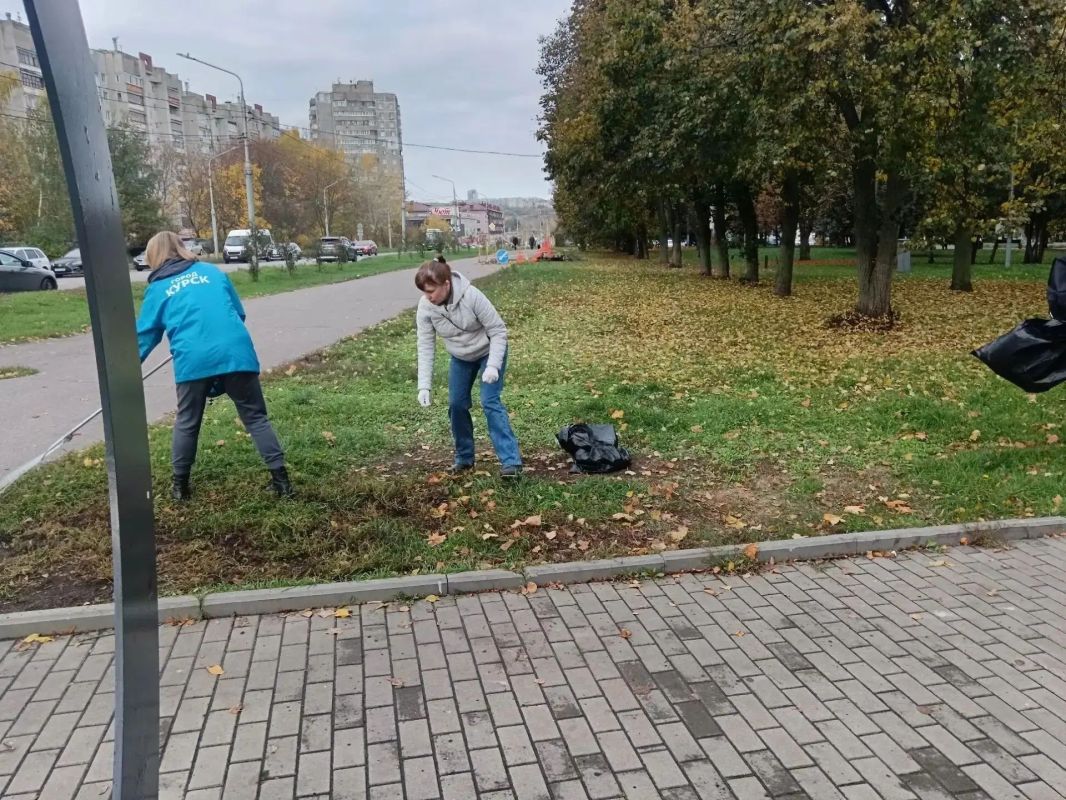 В Курске убирают листву и мусор у скверов на Интернациональной и Привокзальной площади
